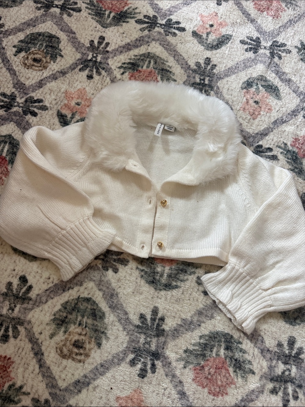 Janie and Jack Cream Cropped Knit Cardigan with Faux-Fur Collar